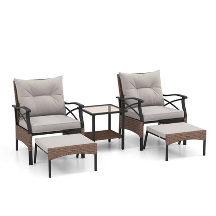 5 Pieces Wicker Patio Furniture Set Ottomans and Cushions and 2-Tier Tempered Glass Side Table-Brown - Brown - Patio