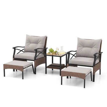 5 Pieces Wicker Patio Furniture Set Ottomans and Cushions and 2-Tier Tempered Glass Side Table-Brown - Brown - Patio