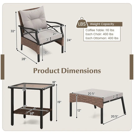 5 Pieces Wicker Patio Furniture Set Ottomans and Cushions and 2-Tier Tempered Glass Side Table-Brown - Brown - Patio