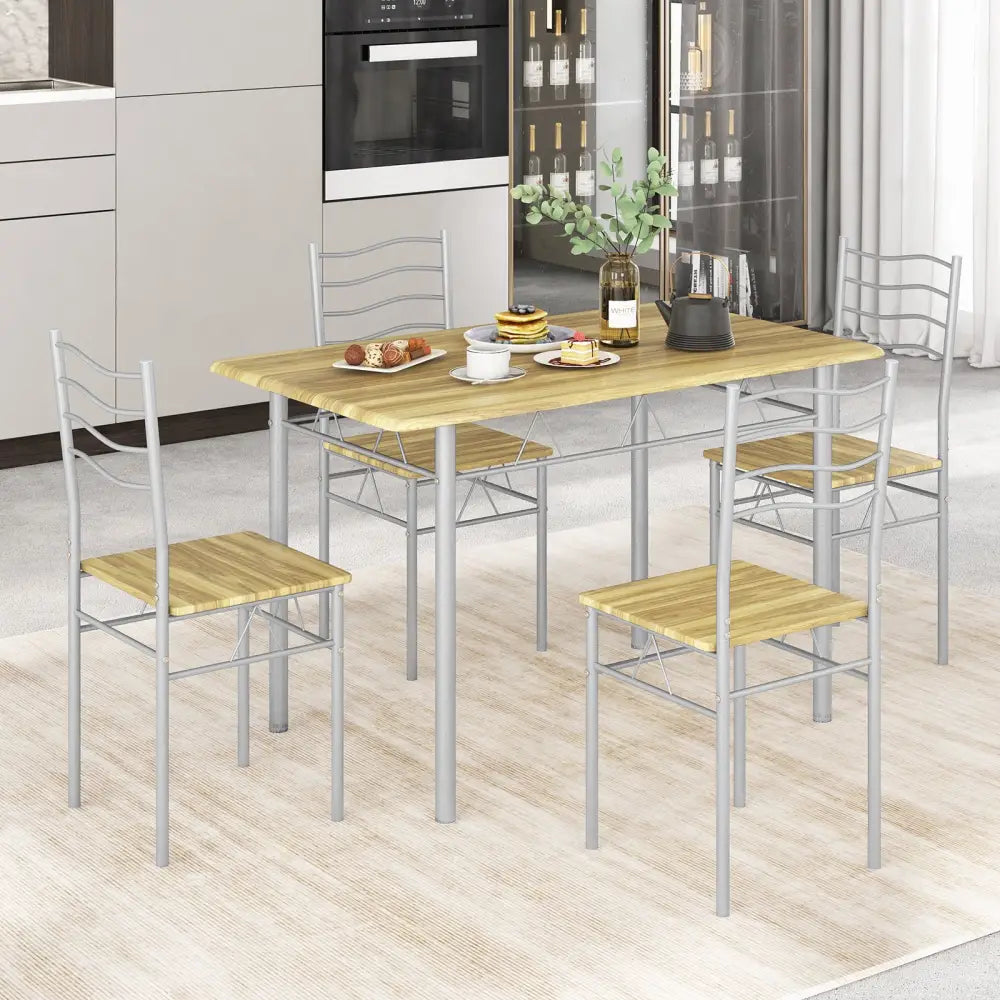 5 Pieces Wood Metal Dining Table Set with 4 Chairs-Walnut - Walnut - Dining Room Sets