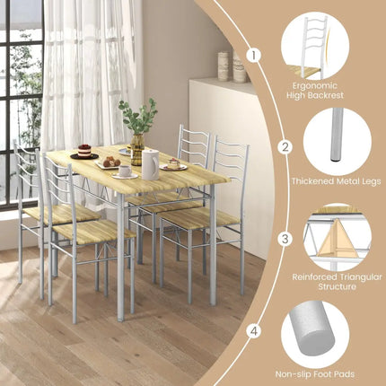 5 Pieces Wood Metal Dining Table Set with 4 Chairs-Walnut Costway