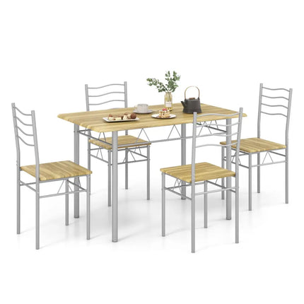 5 Pieces Wood Metal Dining Table Set with 4 Chairs-Walnut Costway
