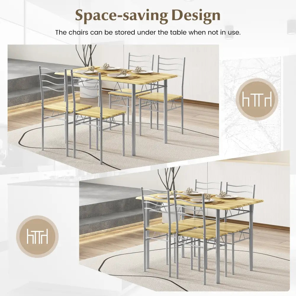 5 Pieces Wood Metal Dining Table Set with 4 Chairs-Walnut - Walnut - Dining Room Sets