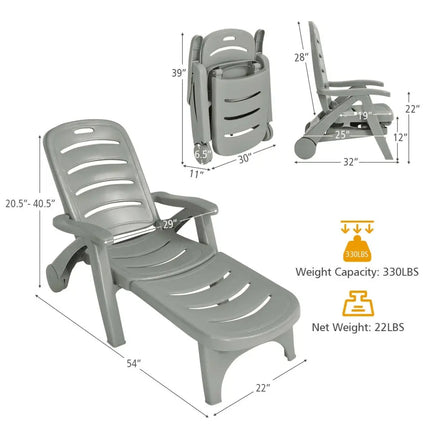 5 Position Adjustable Folding Lounger Chaise Chair-Gray - Gray - Outdoor Chaise Lounges