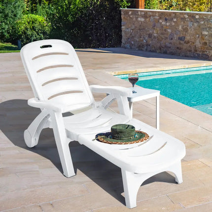 5 Position Adjustable Folding Lounger Chaise Chair on Wheels - White - Outdoor Chaise Lounges