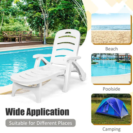 5 Position Adjustable Folding Lounger Chaise Chair on Wheels - White - Outdoor Chaise Lounges