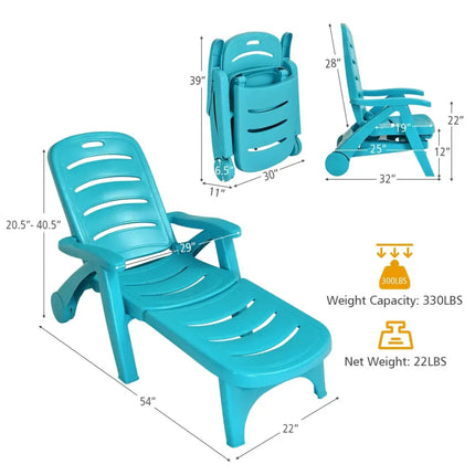 5 Position Adjustable Folding Lounger Chaise Chair-Turquoise - Turquoise - Outdoor Chaise Lounges