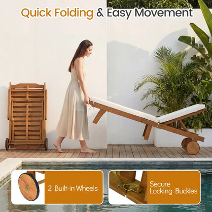 5-Position Adjustable Patio Chaise Lounge with Cushioned Comfort and Wheels - Natural & White - Outdoor Chaise Lounges