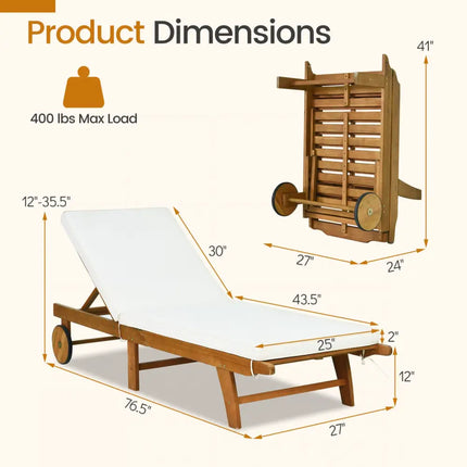 5-Position Adjustable Patio Chaise Lounge with Cushioned Comfort and Wheels - Natural & White - Outdoor Chaise Lounges