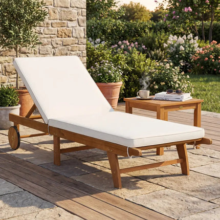 5-Position Adjustable Patio Chaise Lounge with Cushioned Comfort and Wheels - Natural & White - Outdoor Chaise Lounges