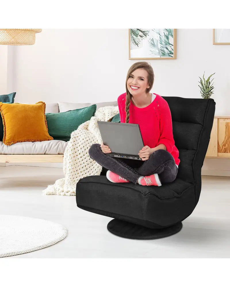 5-Position Folding Floor Gaming Chair-Black - Black - Floor Chairs