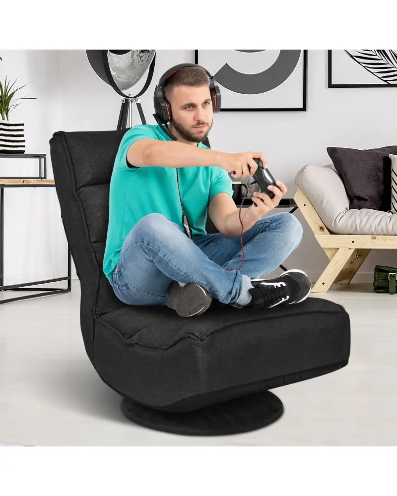 5-Position Folding Floor Gaming Chair-Black - Black - Floor Chairs