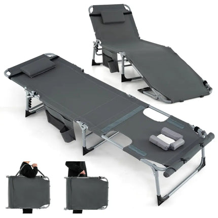 5-position Outdoor Folding Chaise Lounge Chair-Gray - Gray - Outdoor Seating & Patio Chairs