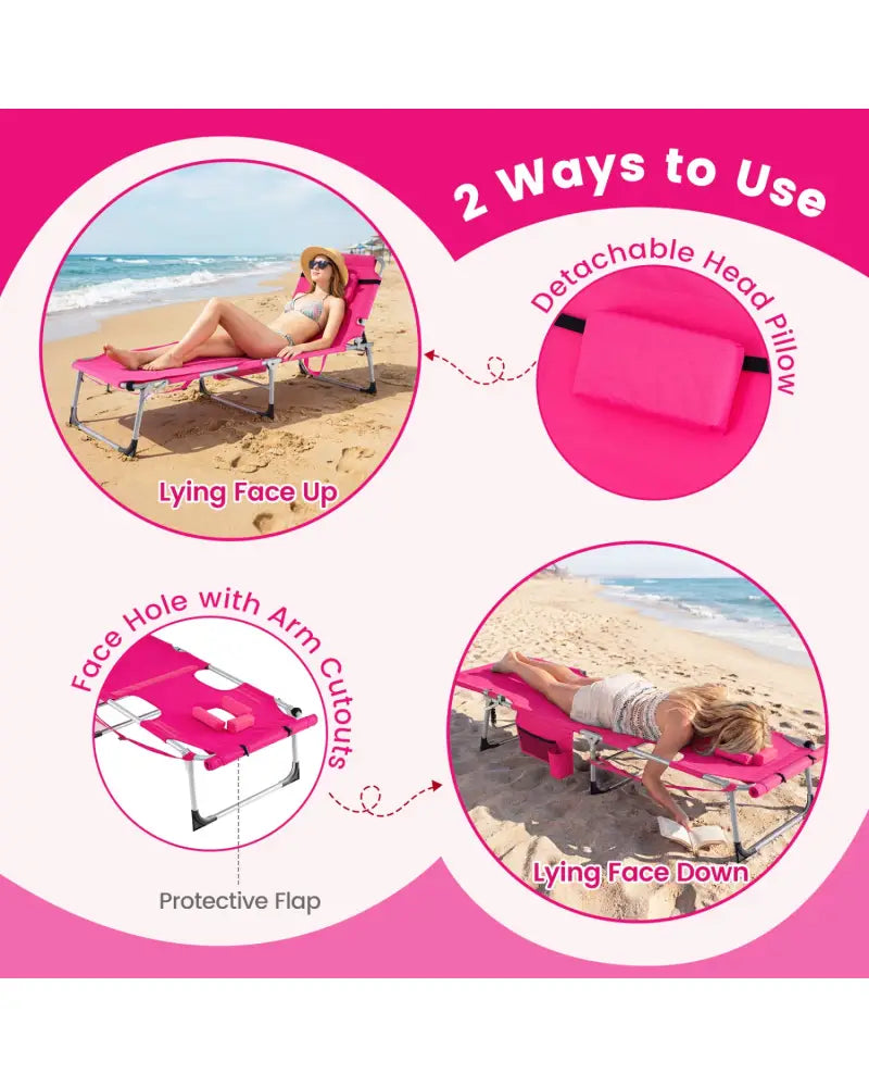 5-position Outdoor Folding Chaise Lounge Chair-Pink - Pink - Beach & Lawn Chairs