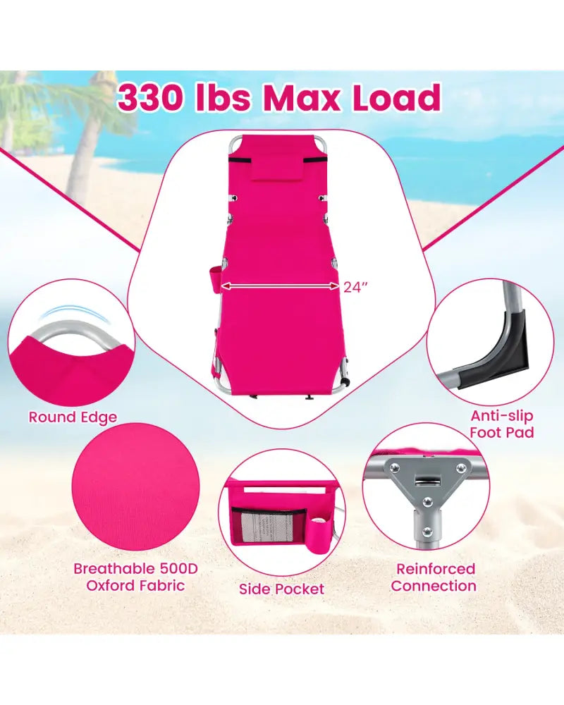 5-position Outdoor Folding Chaise Lounge Chair-Pink - Pink - Beach & Lawn Chairs