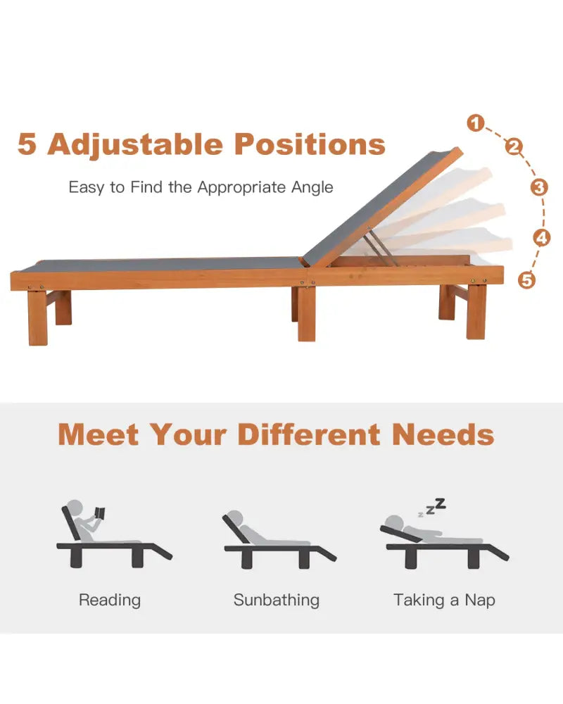 5-Postion Backrest Adjustable Outdoor Wood Chaise Lounge Chair-2 - Gray - Outdoor Chaise Lounges