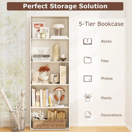 5-Shelf Storage Bookcase Modern Multi-Functional Display Cabinet-White Costway
