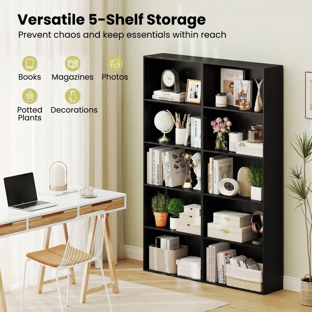 5-Shelf Storage Bookcase Modern Multi-Functional Display Cabinet Furniture-Black - Black - Bookcases