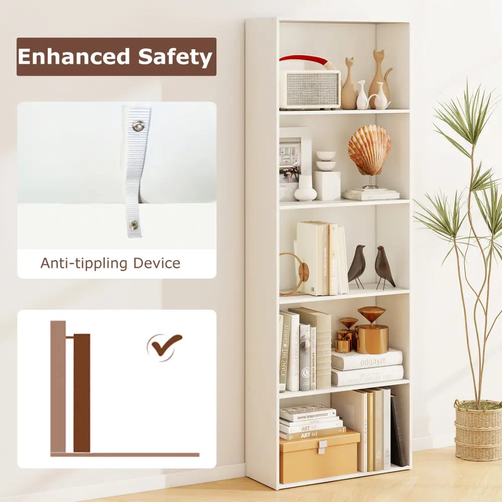 5-Shelf Storage Bookcase Modern Multi-Functional Display Cabinet-White - White - Bookcases