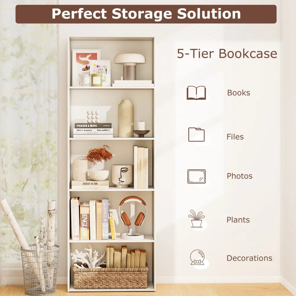 5-Shelf Storage Bookcase Modern Multi-Functional Display Cabinet-White - White - Bookcases