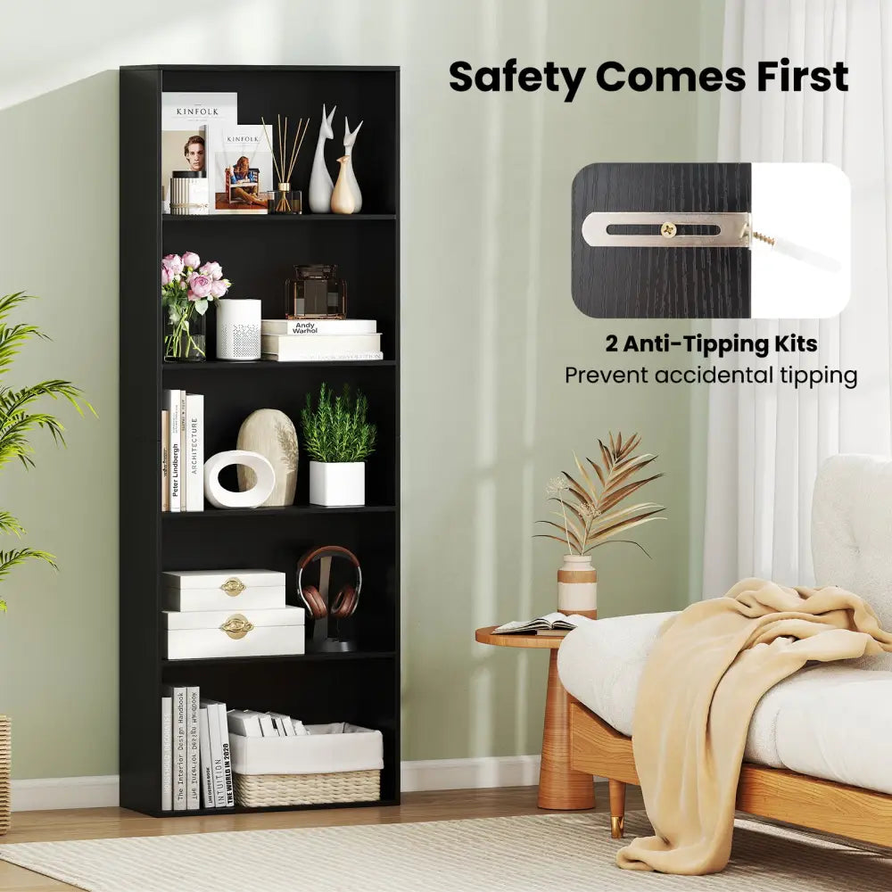 5-Shelf Storage Bookcase Modern Multi-Functional Display Cabinet Furniture-Black - Black - Bookcases