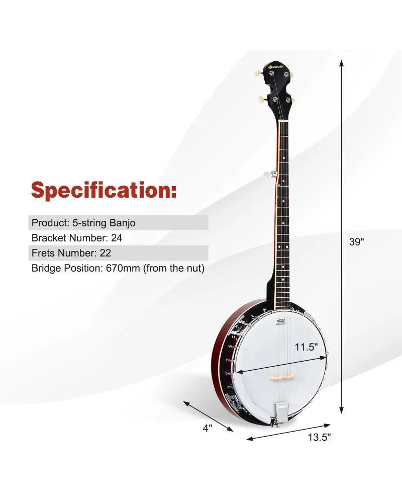 5-String Geared Tunable Banjo with case - Black - Guitar & Strings
