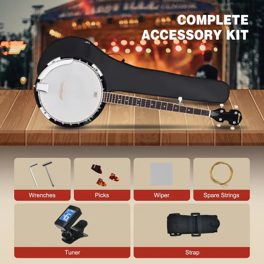 5-String Geared Tunable Banjo with case - Black - Guitar & Strings