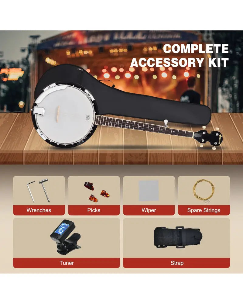 5-String Geared Tunable Banjo with case - Black - Guitar & Strings