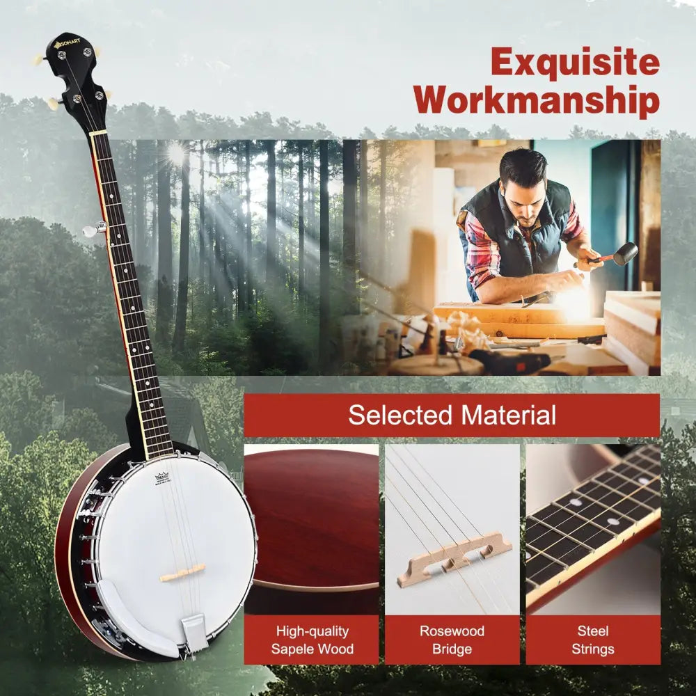5-String Geared Tunable Banjo with case - Black - Guitar & Strings