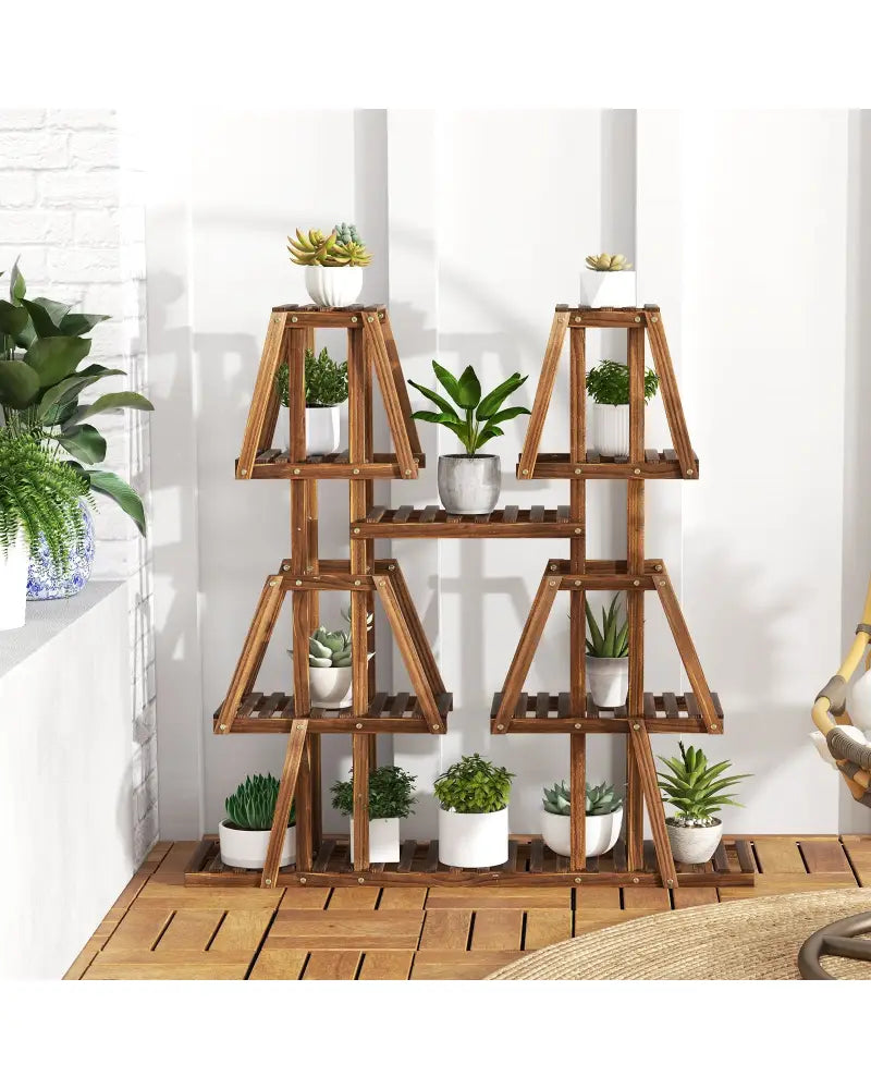5-Tier 10 Potted Wood Plant Stand for Multiple Plants - Brown - Plant Stands