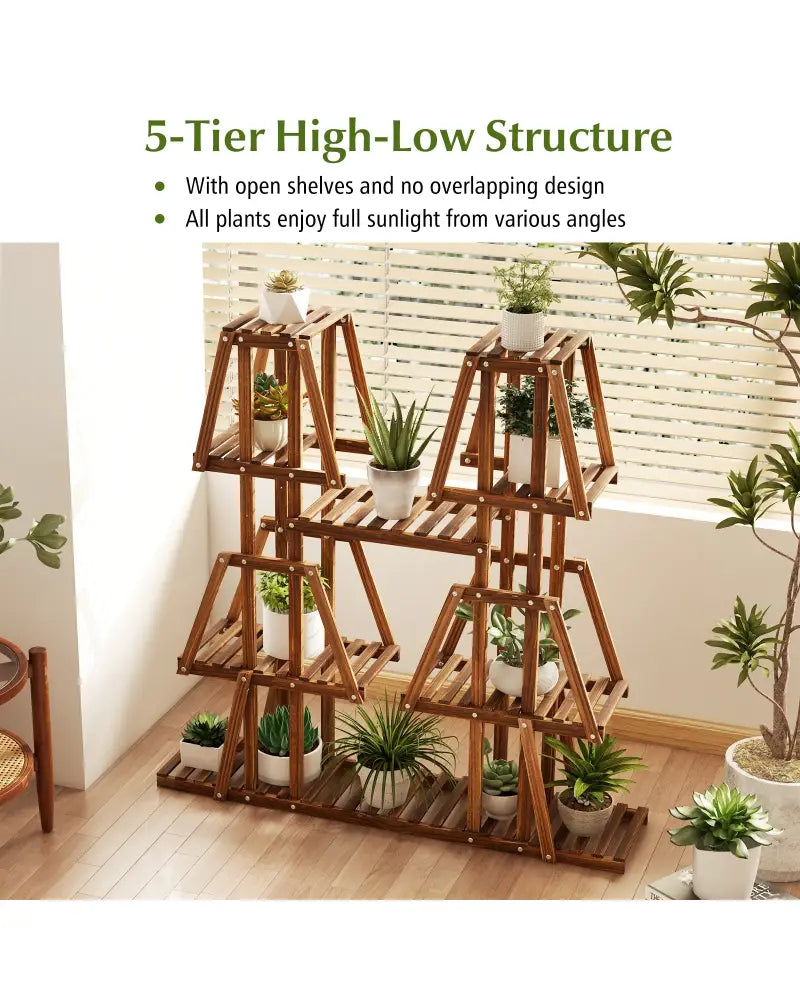 5-Tier 10 Potted Wood Plant Stand for Multiple Plants - Brown - Plant Stands