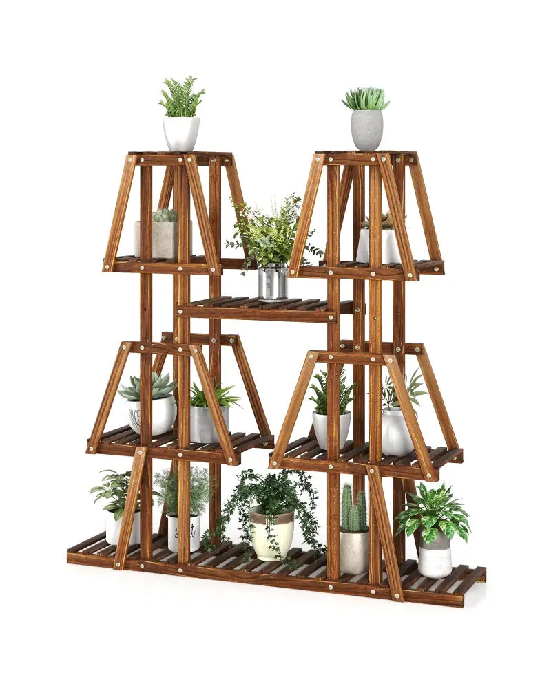 5-Tier 10 Potted Wood Plant Stand for Multiple Plants - Brown - Plant Stands