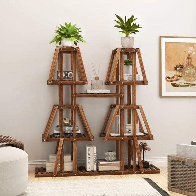 5-Tier 10 Potted Wood Plant Stand for Multiple Plants - Brown - Plant Stands