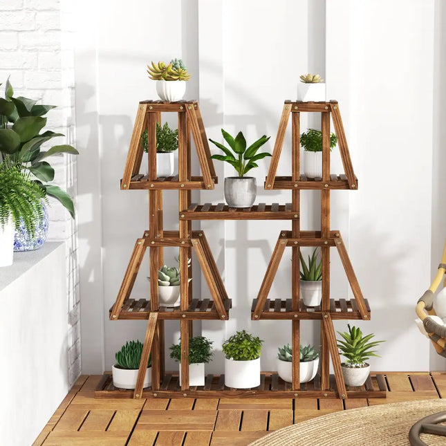 5-Tier 10 Potted Wood Plant Stand for Multiple Plants - Brown - Plant Stands