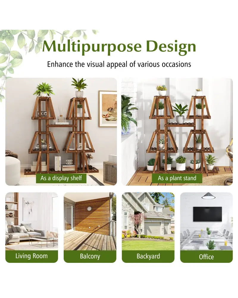 5-Tier 10 Potted Wood Plant Stand for Multiple Plants - Brown - Plant Stands