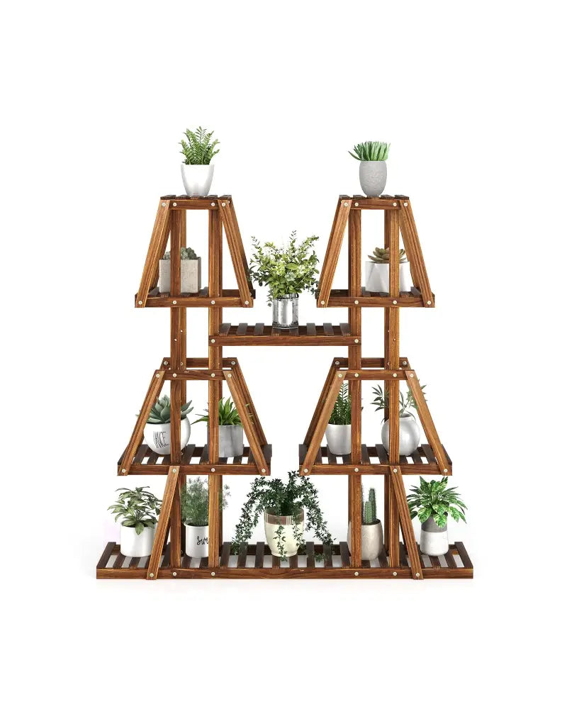5-Tier 10 Potted Wood Plant Stand for Multiple Plants - Brown - Plant Stands