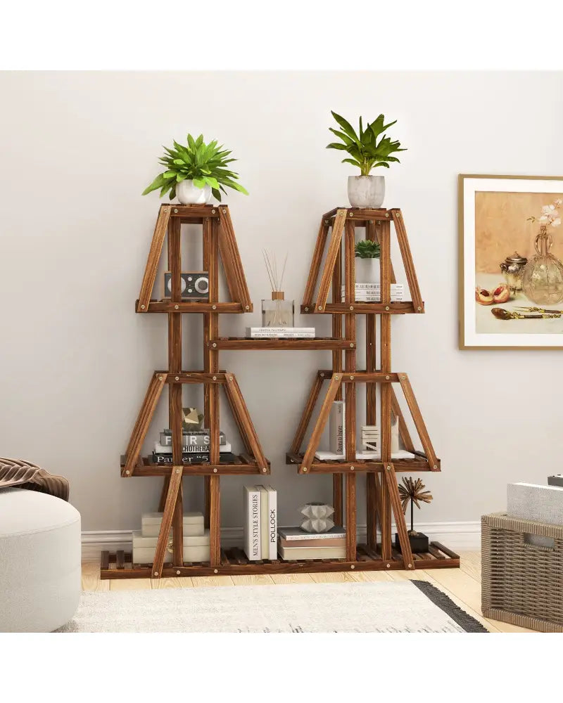 5-Tier 10 Potted Wood Plant Stand for Multiple Plants - Brown - Plant Stands