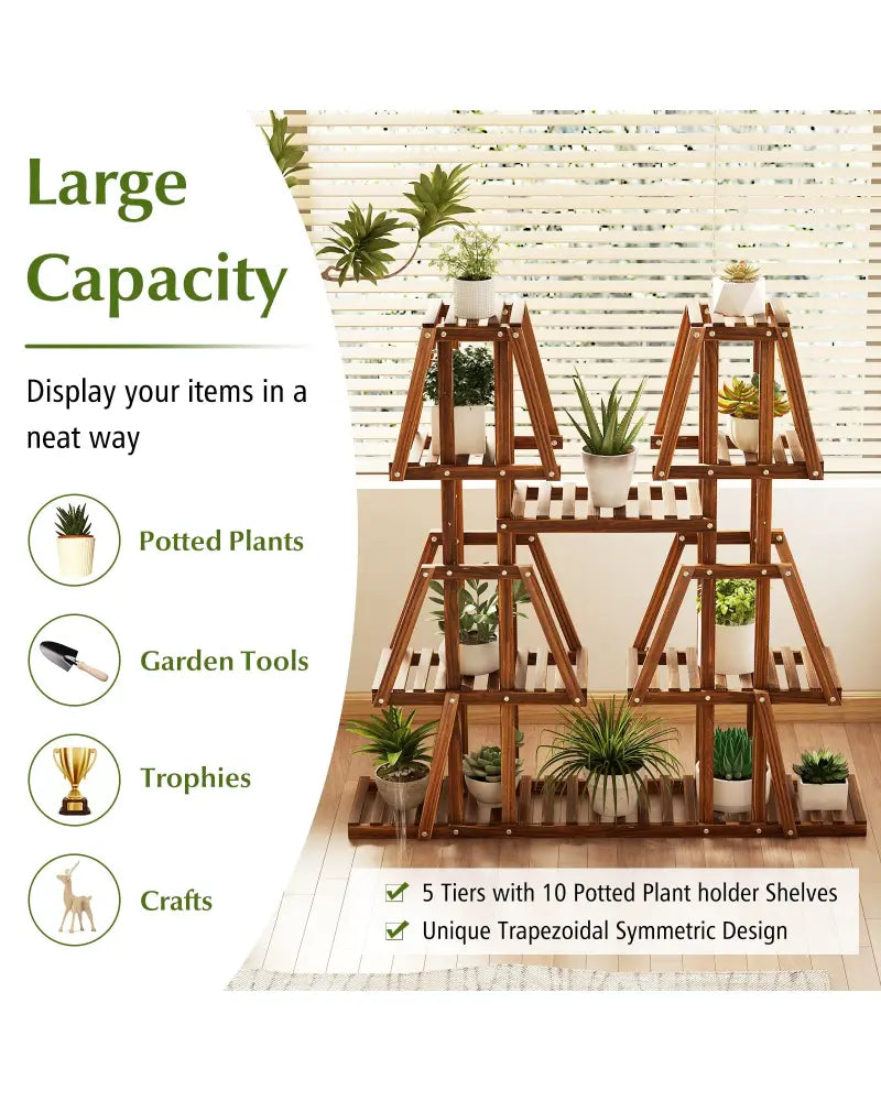 5-Tier 10 Potted Wood Plant Stand for Multiple Plants - Brown - Plant Stands