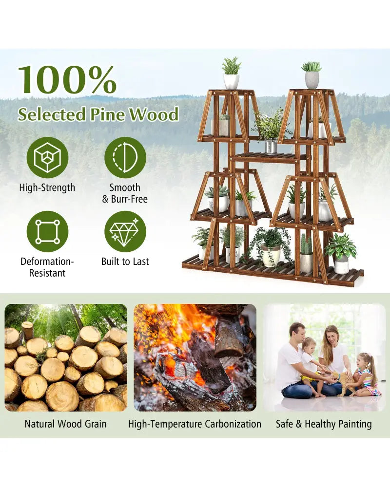 5-Tier 10 Potted Wood Plant Stand for Multiple Plants - Brown - Plant Stands