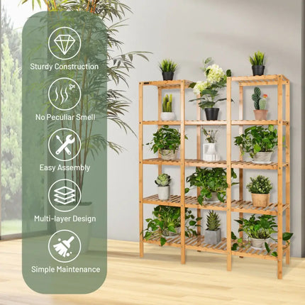 5 Tier 12 Potted Multifunctional Bamboo Shelf Flower Plant Display Stand - Natural - Plant Stands
