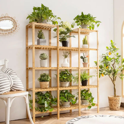 5 Tier 12 Potted Multifunctional Bamboo Shelf Flower Plant Display Stand - Natural - Plant Stands
