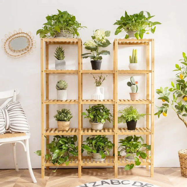 5 Tier 12 Potted Multifunctional Bamboo Shelf Flower Plant Display Stand - Natural - Plant Stands