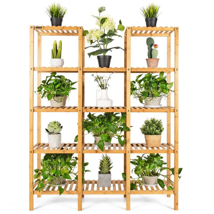 5 Tier 12 Potted Multifunctional Bamboo Shelf Flower Plant Display Stand - Natural - Plant Stands
