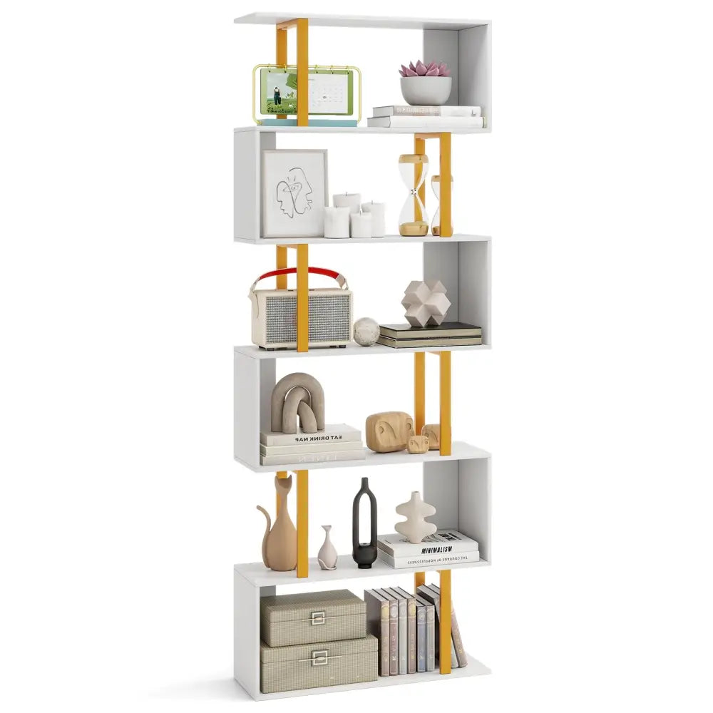 5-Tier/6-Tier Geometric Bookcase with Metal Frame and Anti-tipping Kits-6-Tier - White - Bookcases