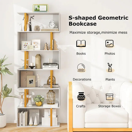 5-Tier/6-Tier Geometric Bookcase with Metal Frame and Anti-tipping Kits-6-Tier Costway