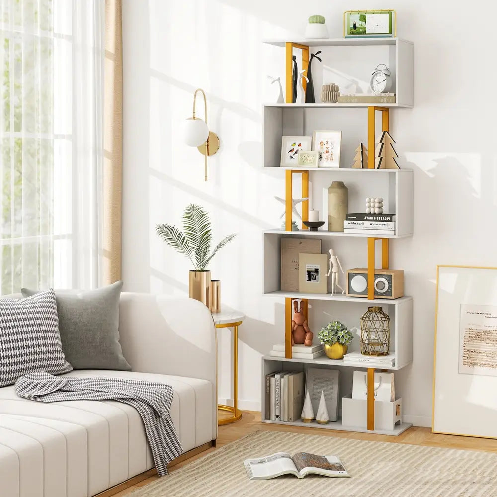 5-Tier/6-Tier Geometric Bookcase with Metal Frame and Anti-tipping Kits-6-Tier - White - Bookcases