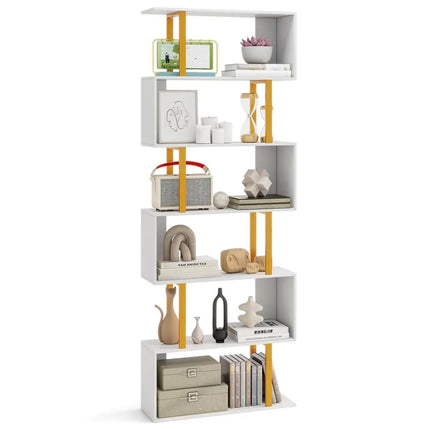 5-Tier/6-Tier Geometric Bookcase with Metal Frame and Anti-tipping Kits-6-Tier Costway