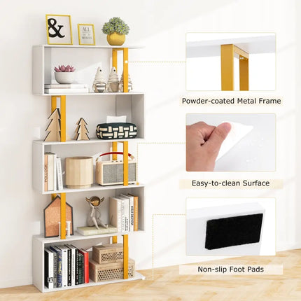 5-Tier/6-Tier Geometric Bookcase with Metal Frame and Anti-tipping Kits-5 Tier Costway