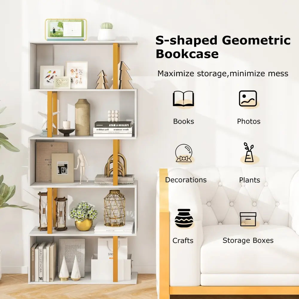 5-Tier/6-Tier Geometric Bookcase with Metal Frame and Anti-tipping Kits-5 Tier - White - Bookcases