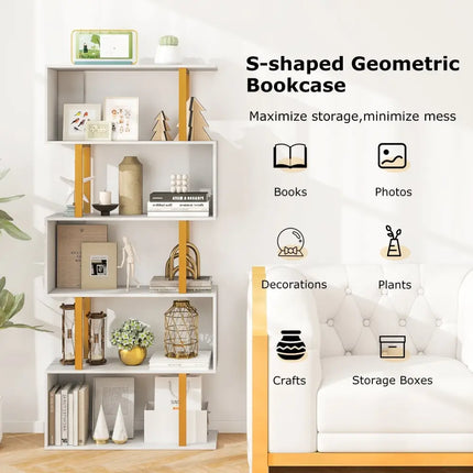 5-Tier/6-Tier Geometric Bookcase with Metal Frame and Anti-tipping Kits-5 Tier Costway